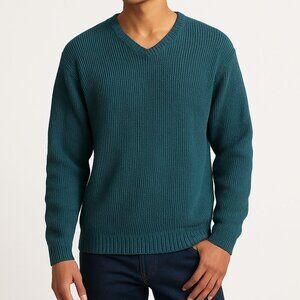 Structure vintage textured knit ramie cotton V neck sweater relaxed fit M teal